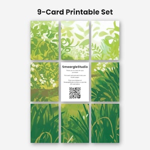 May include: A 9-card printable set featuring various green botanical illustrations. The center card displays the text SmeargleStudio, instructions for trimming and use, and a QR code. The surrounding eight cards show abstract green foliage patterns.
