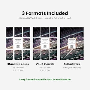 May include: A digital product display showing three formats of artwork: standard cards at 63 x 88 mm (2.5 x 3.5 in), Vault X cards at 66 x 94 mm (2.6 x 3.7 in), and full artwork. Each section includes a white card with SmeargleStudio text and a QR code.