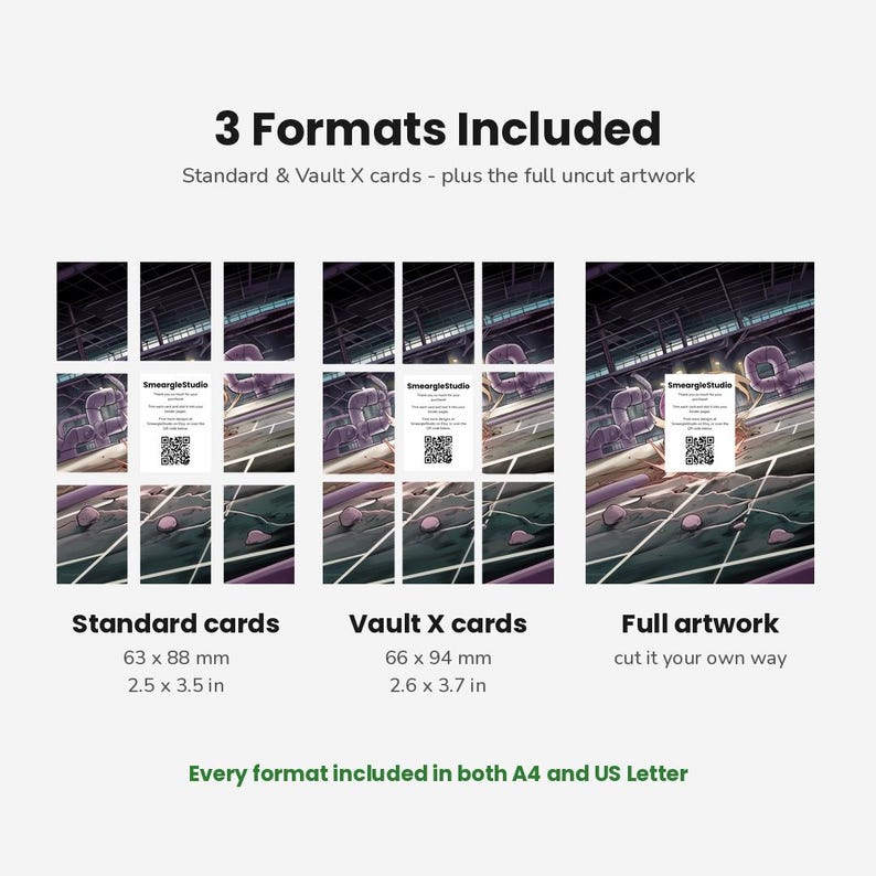 May include: A digital product display showing three formats of artwork: standard cards at 63 x 88 mm (2.5 x 3.5 in), Vault X cards at 66 x 94 mm (2.6 x 3.7 in), and full artwork. Each section includes a white card with SmeargleStudio text and a QR code.