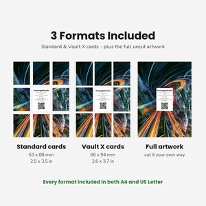 May include: A digital product display showing 3 Formats Included: Standard cards at 2.5 x 3.5 inches, Vault X cards at 2.6 x 3.7 inches, and full artwork. Each section features a dark abstract city light trail design and a SmeargleStudio QR code.