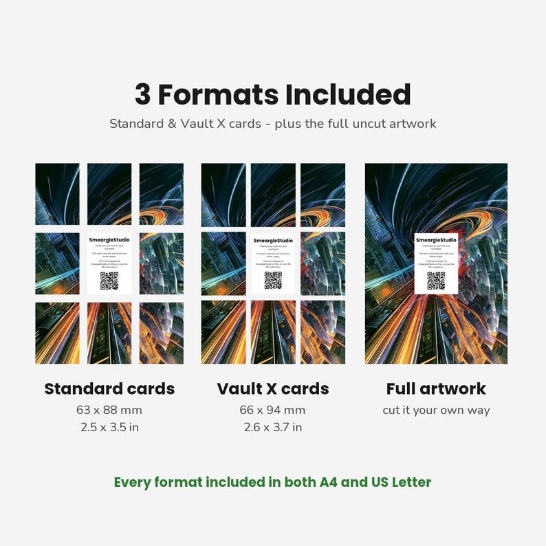 May include: A digital product display showing 3 Formats Included: Standard cards at 2.5 x 3.5 inches, Vault X cards at 2.6 x 3.7 inches, and full artwork. Each section features a dark abstract city light trail design and a SmeargleStudio QR code.