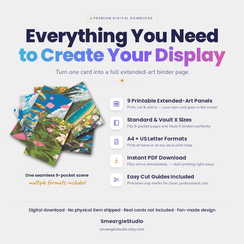 May include: A digital download product featuring a colorful, multi-panel landscape illustration designed for a 9-pocket binder page. The text reads: Everything You Need to Create Your Display, 9 Printable Extended-Art Panels, and SmeargleStudio.
