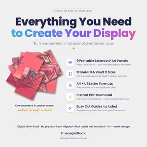 May include: A digital download product featuring 9 printable extended-art panels for binder pages. The graphic displays the text Everything You Need to Create Your Display, with a pink-toned illustration of a street scene and cut guides.