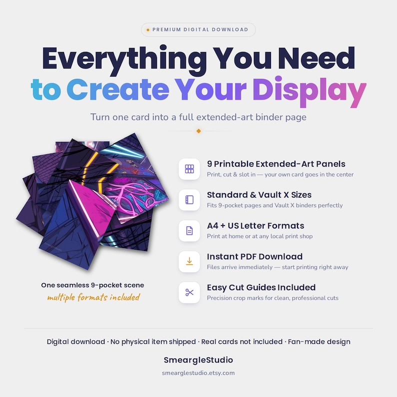 May include: A digital download product featuring 9 printable extended-art panels for binder pages. The graphic shows a seamless 9-pocket scene with neon purple and blue abstract lines. Text includes Everything You Need to Create Your Display.