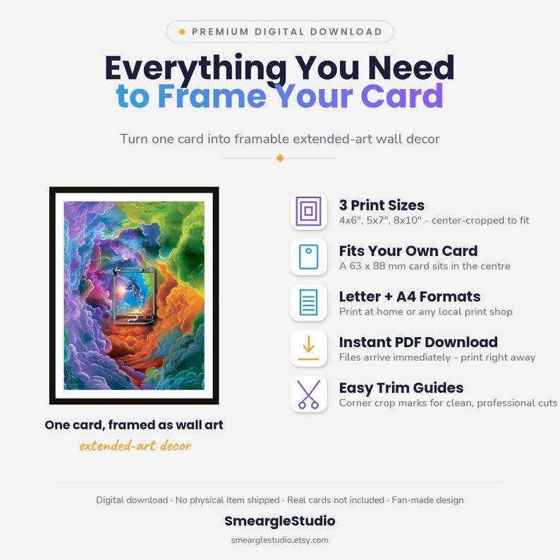 May include: A digital download guide titled Everything You Need to Frame Your Card, featuring a framed card surrounded by colorful clouds. It lists 3 print sizes (4x6, 5x7, 8x10 inches), fits a 63 x 88 mm card, includes Letter and A4 formats, and trim guides.