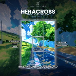May include: A 9-card binder set featuring Heracross inspired extended art. The digital design displays a vibrant landscape with a blue sky, green trees, and a road. Text includes SMEARGLE STUDIO, HERACROSS, No. 194, PALDEA EVOLVED, INSTANT ACCESS, 300 DPI, PDF FILE, A4 + US LETTER, CARD NOT INCLUDED, INSTANT DIGITAL DOWNLOAD, and SMEARGLESTUDIO.ETSY.COM.