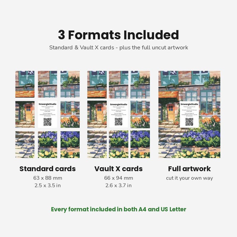 May include: Three sets of printed cards featuring a garden scene with a brick building, flowers, and a stone path. Includes Standard cards at 2.5 x 3.5 inches, Vault X cards at 2.6 x 3.7 inches, and full uncut artwork. Text includes 3 Formats Included.
