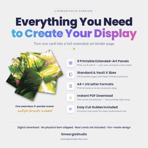 May include: A digital download product featuring 9 printable extended-art panels for binder pages. The graphic displays text including Everything You Need to Create Your Display, 9 Printable Extended-Art Panels, Standard & Vault X Sizes, A4 + US Letter Formats, Instant PDF Download, and Easy Cut Guides Included.