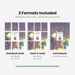 May include: A digital product display showing 3 Formats Included: Standard cards at 2.5 x 3.5 inches, Vault X cards at 2.6 x 3.7 inches, and full uncut artwork. Each section features a SmeargleStudio card with a QR code. Every format is in A4 and US Letter.