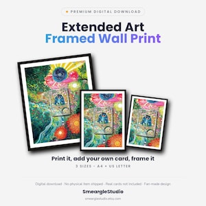 May include: Three black-framed wall prints featuring a vibrant, colorful illustration of a blue creature in a forest setting. The text reads: Premium Digital Download, Extended Art Framed Wall Print, Print it, add your own card, frame it, 3 sizes - A4 + US Letter, Digital download, No physical item shipped, Real cards not included, Fan-made design, SmeargleStudio, smearglestudio.etsy.com.