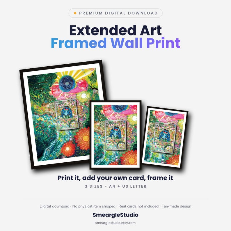 May include: Three black-framed wall prints featuring a vibrant, colorful illustration of a blue creature in a forest setting. The text reads: Premium Digital Download, Extended Art Framed Wall Print, Print it, add your own card, frame it, 3 sizes - A4 + US Letter, Digital download, No physical item shipped, Real cards not included, Fan-made design, SmeargleStudio, smearglestudio.etsy.com.