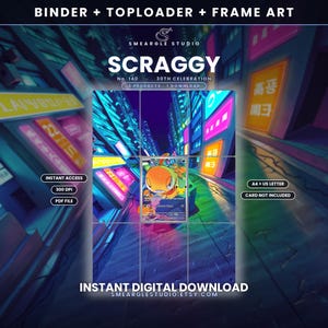 Puede incluir: Una descarga digital con la ilustración Scraggy No. 140 30th Celebration. El gráfico incluye el texto BINDER + TOPLOADER + FRAME ART, INSTANT ACCESS, 300 DPI, PDF FILE, A4 + US LETTER, CARD NOT INCLUDED e INSTANT DIGITAL DOWNLOAD.