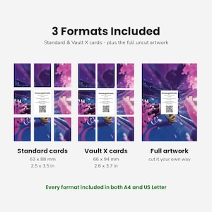 May include: A digital product display showing three formats for artwork: standard cards at 63 x 88 mm or 2.5 x 3.5 inches, Vault X cards at 66 x 94 mm or 2.6 x 3.7 inches, and full artwork. Text includes 3 Formats Included and SmeargleStudio.