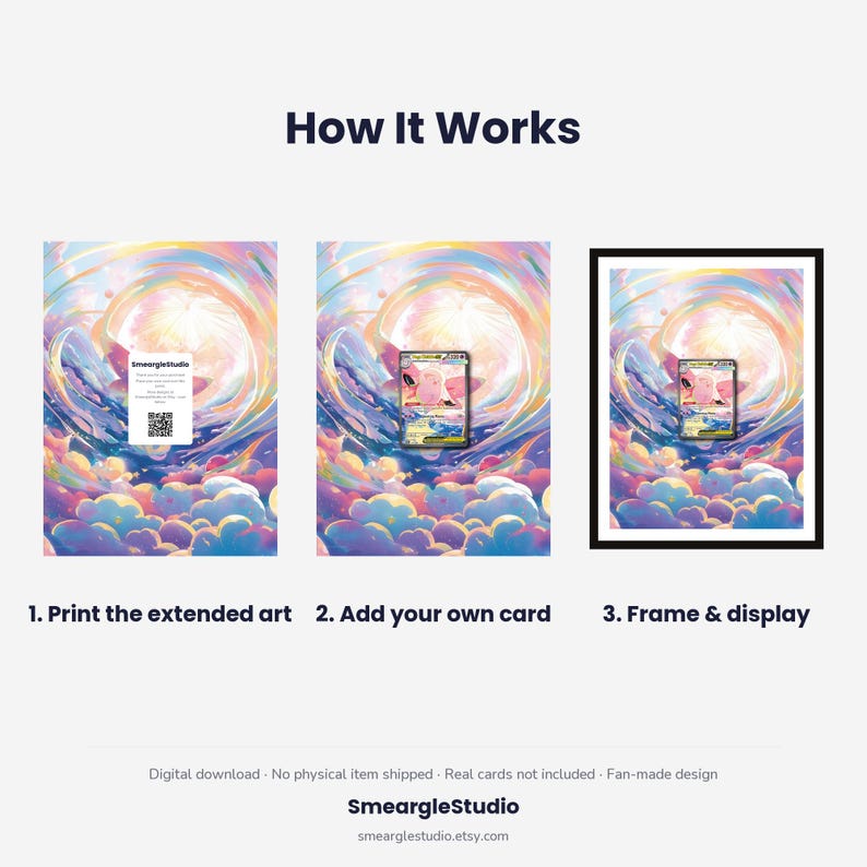 May include: An instructional graphic titled How It Works showing three steps: 1. Print the extended art with a QR code, 2. Add your own card to the center, 3. Frame and display the artwork. The background features a colorful, swirling sky illustration.
