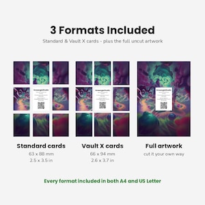 May include: A digital product display showing 3 Formats Included: Standard cards at 2.5 x 3.5 inches, Vault X cards at 2.6 x 3.7 inches, and full uncut artwork. Each section features a colorful fantasy landscape with a SmeargleStudio QR code card.
