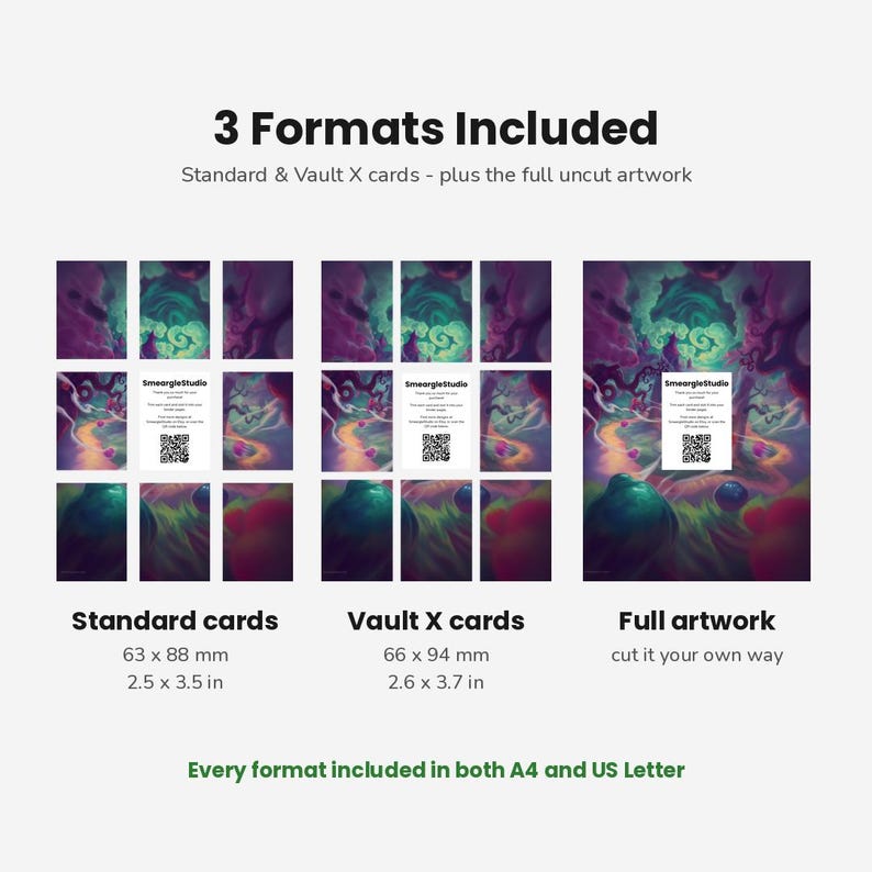 May include: A digital product display showing 3 Formats Included: Standard cards at 2.5 x 3.5 inches, Vault X cards at 2.6 x 3.7 inches, and full uncut artwork. Each section features a colorful fantasy landscape with a SmeargleStudio QR code card.