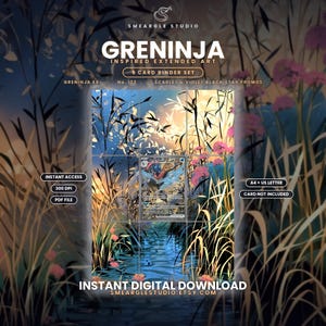 May include: A digital 9-card binder set featuring Greninja inspired extended art. The design displays a landscape of tall grasses, pink flowers, and a stream. Text includes Smeargle Studio, Greninja, 300 DPI, PDF file, and Instant Digital Download.