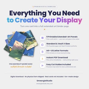 May include: A digital download product display featuring the text Everything You Need to Create Your Display. It includes a stack of nine illustrated art panels, a list of features like 9 Printable Extended-Art Panels, and SmeargleStudio branding.