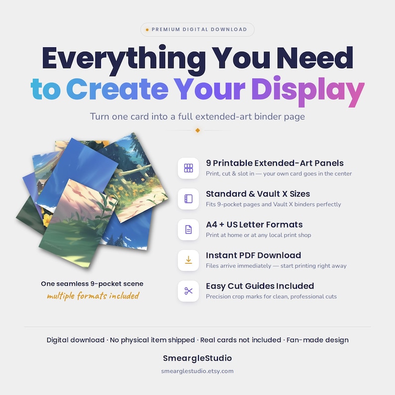 May include: A digital download product display featuring the text Everything You Need to Create Your Display. It includes a stack of nine illustrated art panels, a list of features like 9 Printable Extended-Art Panels, and SmeargleStudio branding.