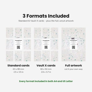 May include: A digital product display showing 3 Formats Included: Standard cards at 63 x 88 mm (2.5 x 3.5 in), Vault X cards at 66 x 94 mm (2.6 x 3.7 in), and Full artwork. Each section features a SmeargleStudio card with a QR code.
