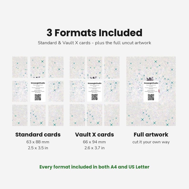May include: A digital product display showing 3 Formats Included: Standard cards at 63 x 88 mm (2.5 x 3.5 in), Vault X cards at 66 x 94 mm (2.6 x 3.7 in), and Full artwork. Each section features a SmeargleStudio card with a QR code.