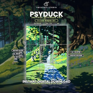 Peut inclure: Un ensemble de 9 cartes pour classeur avec une illustration étendue inspirée de Psykokwak. Le téléchargement numérique inclut des formats A4 et US letter en 300 DPI. L'image montre un escalier en pierre en forêt avec des lanternes en pierre.