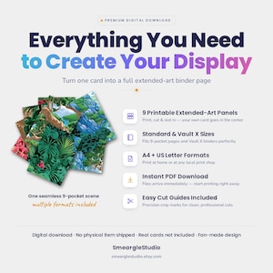 Pode incluir: Uma exibi&ccedil;&atilde;o de produto para download digital com nove pain&eacute;is de arte estendida imprim&iacute;veis que formam uma cena de selva sem emendas. O gr&aacute;fico inclui o texto: Everything You Need to Create Your Display, 9 Printable Extended-Art Panels, Standard & Vault X Sizes, A4 + US Letter Formats, Instant PDF Download e Easy Cut Guides Included.