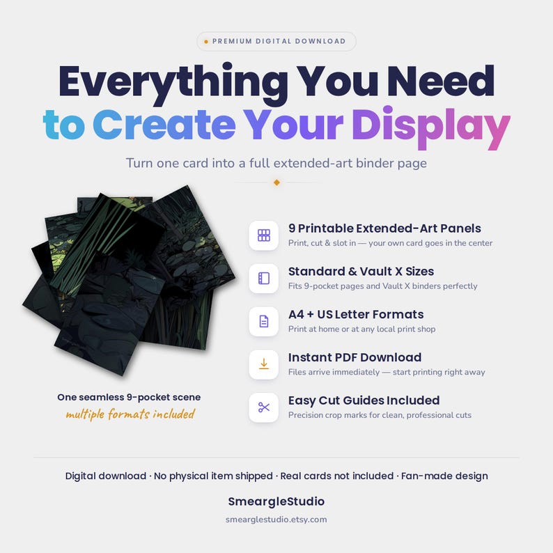 May include: A digital download product featuring 9 printable extended-art panels for a 9-pocket binder page. The graphic displays the text Everything You Need to Create Your Display, along with icons for print, size, format, download, and cut guides.