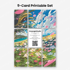 May include: A 9-card printable set featuring vibrant landscape illustrations of flower fields, blue skies, and pink petals. The center card displays the text SmeargleStudio, instructions to trim and slot into binder pages, and a QR code.