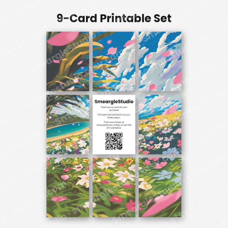 May include: A 9-card printable set featuring vibrant landscape illustrations of flower fields, blue skies, and pink petals. The center card displays the text SmeargleStudio, instructions to trim and slot into binder pages, and a QR code.