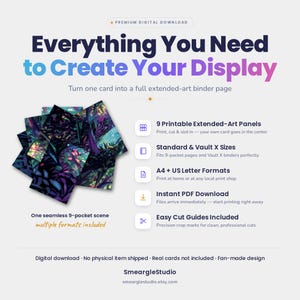 May include: A digital download product featuring 9 printable extended-art panels for binder pages. The graphic displays a seamless 9-pocket scene with dark purple, blue, and green foliage. Text includes Everything You Need to Create Your Display.