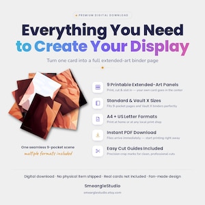 May include: A digital download product featuring 9 printable extended-art panels for binder pages. The design creates a seamless 9-pocket scene with easy cut guides. Includes A4 and US letter formats for standard and Vault X binder sizes.