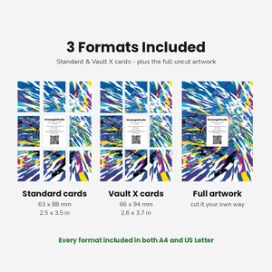 May include: A digital display showing 3 Formats Included: Standard cards at 2.5 x 3.5 inches, Vault X cards at 2.6 x 3.7 inches, and full artwork. Each section features a blue, yellow, and white abstract pattern with a SmeargleStudio card and QR code.