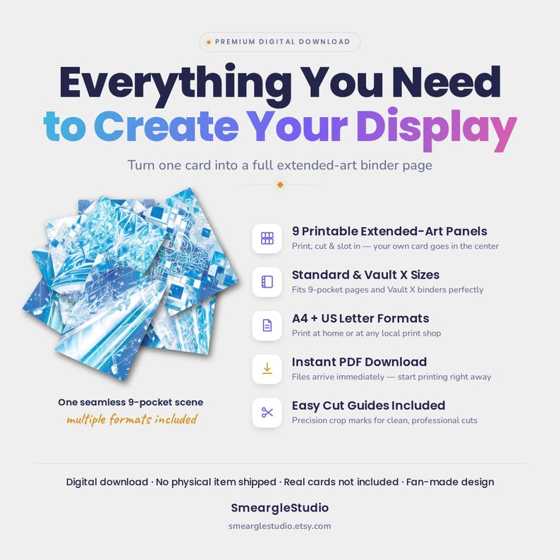 May include: A digital download product featuring 9 printable extended-art panels for a 9-pocket binder page. The design displays a blue abstract scene with geometric patterns. Text includes Everything You Need to Create Your Display and SmeargleStudio.