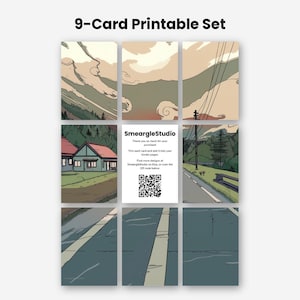 May include: A 9-card printable set featuring an anime-style landscape illustration divided into nine rectangular sections. The center card displays the text SmeargleStudio, instructions for trimming, and a QR code on a white background.