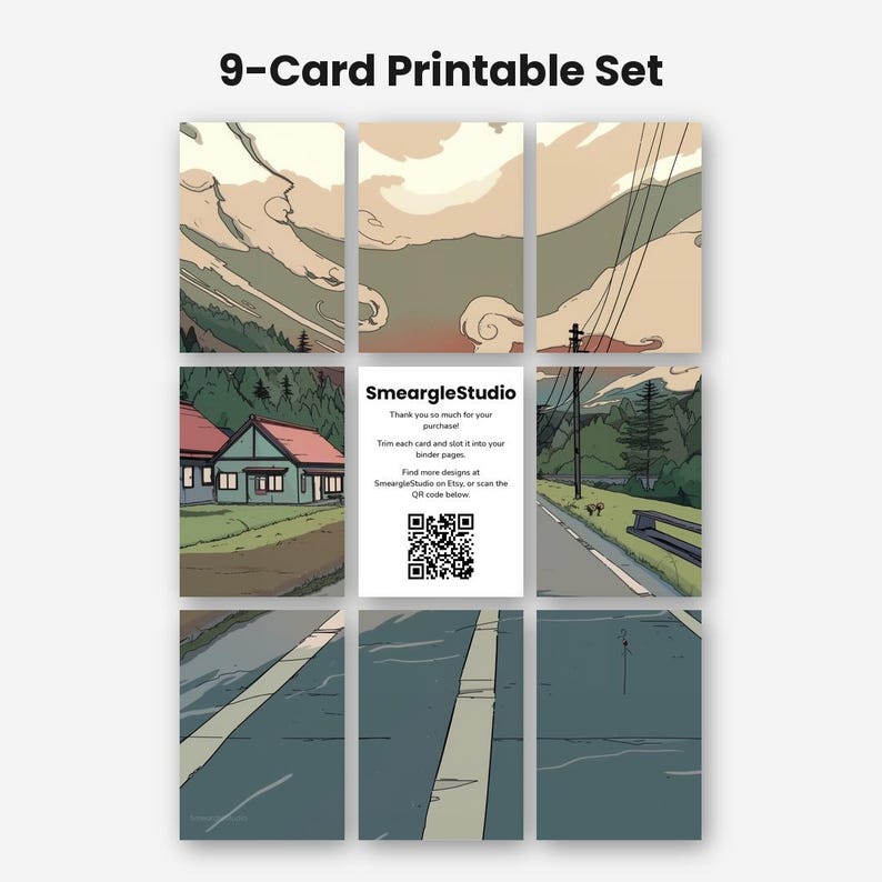 May include: A 9-card printable set featuring an anime-style landscape illustration divided into nine rectangular sections. The center card displays the text SmeargleStudio, instructions for trimming, and a QR code on a white background.