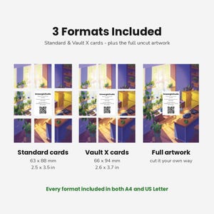 K&ouml;nnte beinhalten: Eine digitale Produktanzeige mit drei Formaten von K&uuml;chen-Grafiken: Standardkarten in 63 x 88 mm, Vault X-Karten in 66 x 94 mm und vollst&auml;ndige, ungeschnittene Grafiken. Jeder Bereich enth&auml;lt eine SmeargleStudio-Karte mit einem QR-Code.