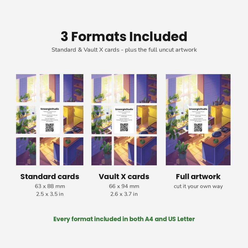K&ouml;nnte beinhalten: Eine digitale Produktanzeige mit drei Formaten von K&uuml;chen-Grafiken: Standardkarten in 63 x 88 mm, Vault X-Karten in 66 x 94 mm und vollst&auml;ndige, ungeschnittene Grafiken. Jeder Bereich enth&auml;lt eine SmeargleStudio-Karte mit einem QR-Code.