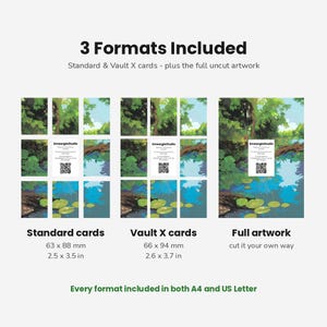 May include: Three sets of printed artwork formats labeled 3 Formats Included, Standard & Vault X cards - plus the full uncut artwork. Includes Standard cards 2.5 x 3.5 in, Vault X cards 2.6 x 3.7 in, and Full artwork. Every format included in both A4 and US Letter.