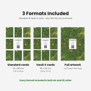 May include: A digital product display showing three formats: standard cards at 2.5 x 3.5 inches, Vault X cards at 2.6 x 3.7 inches, and full uncut artwork. The design features a green background with yellow dandelion illustrations and a central QR code.