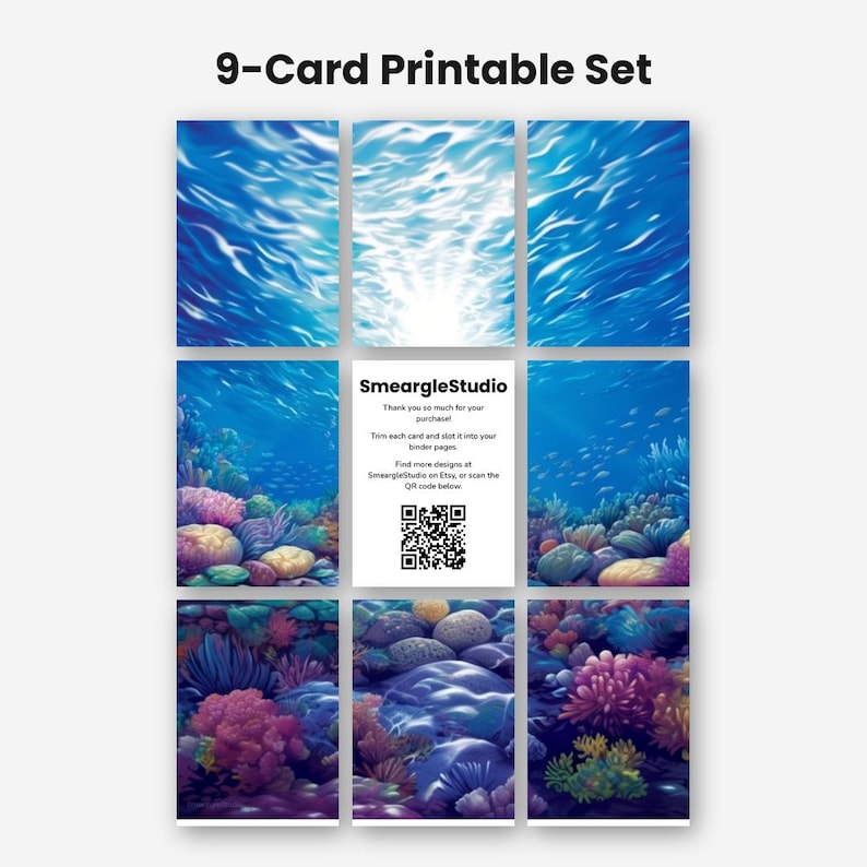 May include: A 9-card printable set featuring a vibrant underwater coral reef scene with blue water, colorful coral formations, and a central card displaying the text SmeargleStudio, instructions for trimming, and a QR code for more designs.