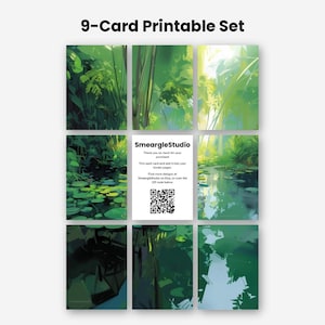 May include: A 9-card printable set featuring lush green forest and pond illustrations. The center card displays the text SmeargleStudio, thank you notes, and a QR code. The surrounding eight cards depict various nature scenes with lily pads.