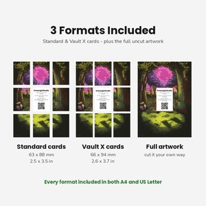May include: A digital product display showing three formats of artwork: standard cards at 2.5 x 3.5 inches, Vault X cards at 2.6 x 3.7 inches, and full artwork. The image features a forest scene with a pink tree and includes text and a QR code.