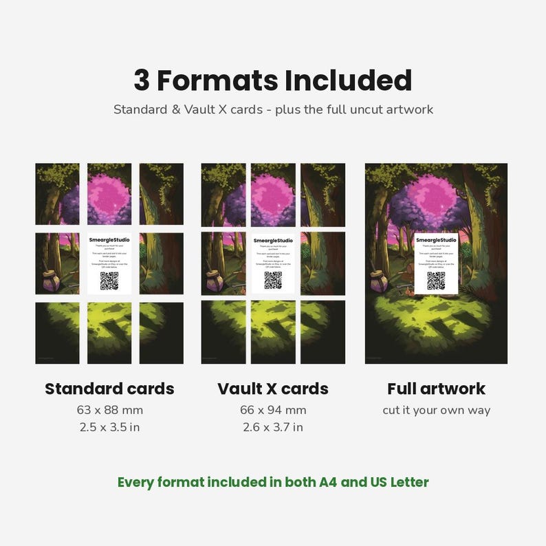 May include: A digital product display showing three formats of artwork: standard cards at 2.5 x 3.5 inches, Vault X cards at 2.6 x 3.7 inches, and full artwork. The image features a forest scene with a pink tree and includes text and a QR code.