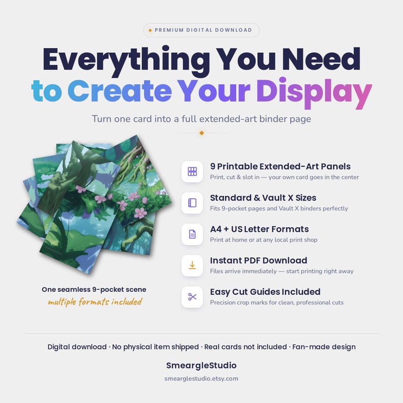 May include: A digital download product featuring 9 printable extended-art panels for a 9-pocket binder page. The design displays a forest scene with green trees and pink flowers. Text includes Everything You Need to Create Your Display.