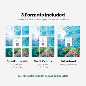 May include: A digital product display showing three formats of underwater coral reef artwork: standard cards at 2.5 x 3.5 inches, Vault X cards at 2.6 x 3.7 inches, and full uncut artwork. Each section includes a SmeargleStudio label with a QR code.