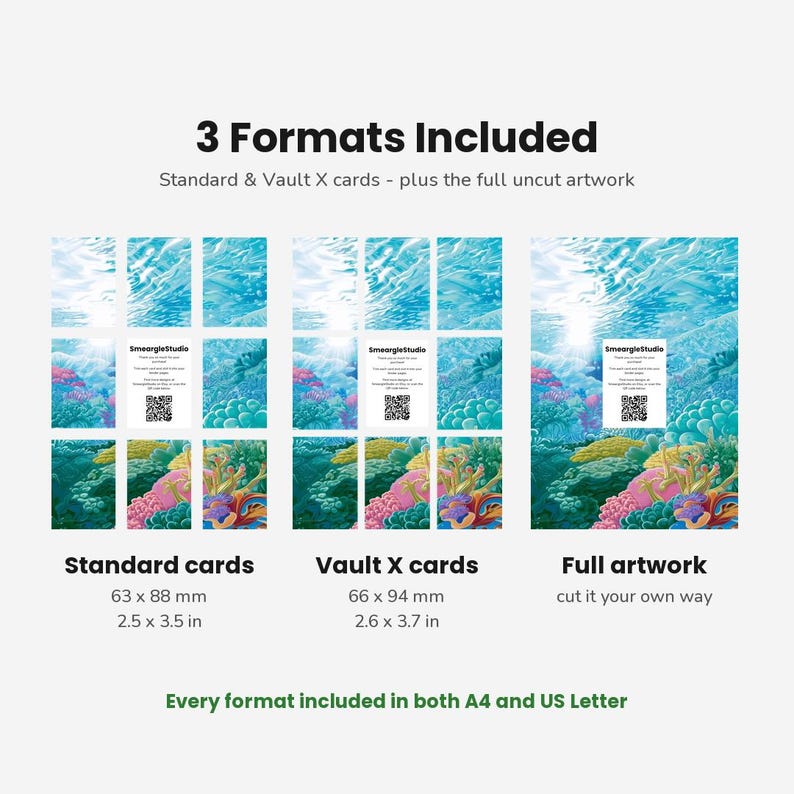 May include: A digital product display showing three formats of underwater coral reef artwork: standard cards at 2.5 x 3.5 inches, Vault X cards at 2.6 x 3.7 inches, and full uncut artwork. Each section includes a SmeargleStudio label with a QR code.