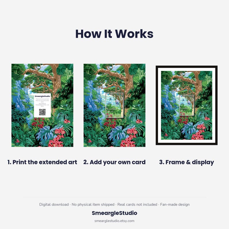 Puede incluir: Un gr&aacute;fico de tres pasos titulado How It Works que muestra una impresi&oacute;n art&iacute;stica de selva. Paso 1: Print the extended art. Paso 2: Add your own card. Paso 3: Frame & display. El arte presenta follaje verde exuberante y flores rojas.