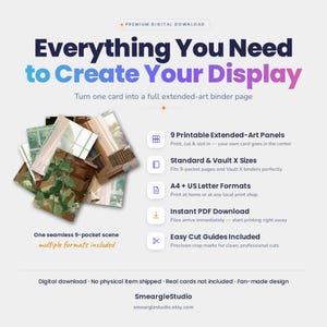 May include: A digital download product featuring 9 printable extended-art panels to create a seamless 9-pocket scene for card binders. Includes A4 and US Letter formats, easy cut guides, and compatibility with standard and Vault X binder sizes.