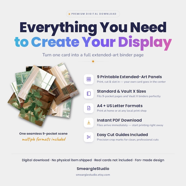 May include: A digital download product featuring 9 printable extended-art panels to create a seamless 9-pocket scene for card binders. Includes A4 and US Letter formats, easy cut guides, and compatibility with standard and Vault X binder sizes.